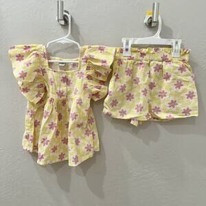 Tu Yellow Floral Seersucker Ruffle Shirt & Shorts Outfit
